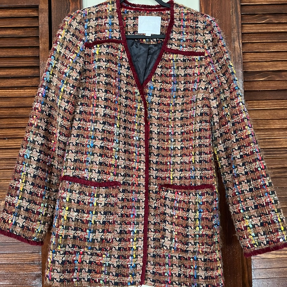 Anthropologie Burgundy Multicolor Tweed Blazer